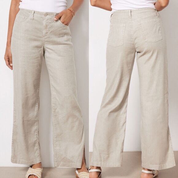 Evereve Sundae Wide Leg Pants Beige Linen Size 30 Split‎ Hem Preppy Athleisure - Picture 1 of 12
